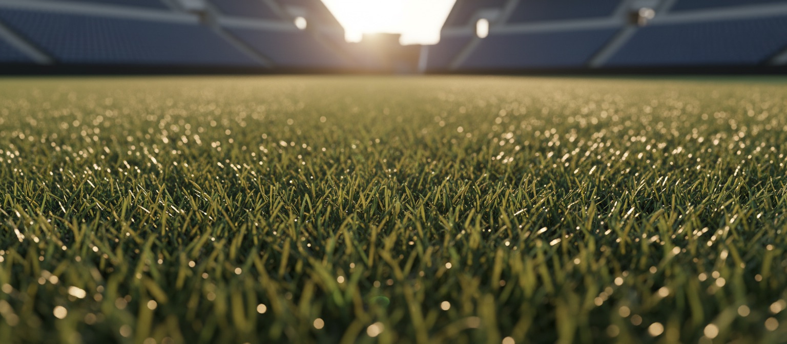 Close-up of stadium turf catching the late afternoon light