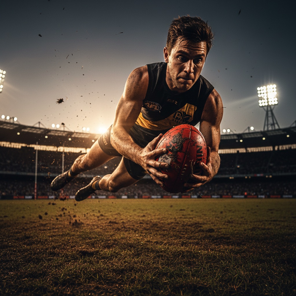 AFL player diving to take a mark under stadium lights